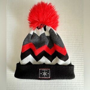 O’Neill winter hat, black red and white with red pom-pom